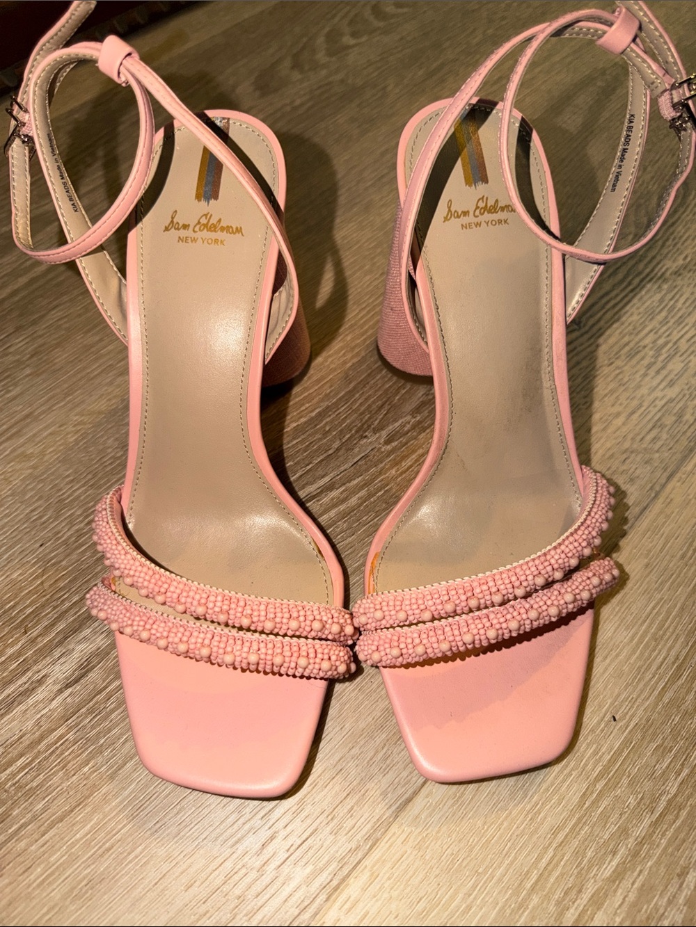 Sam Edelman Pink Beaded Block Heel Ankle-Strap Sandals Sz 8.5 New Without Tags